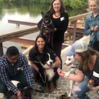 Candid photo of owners with dogs